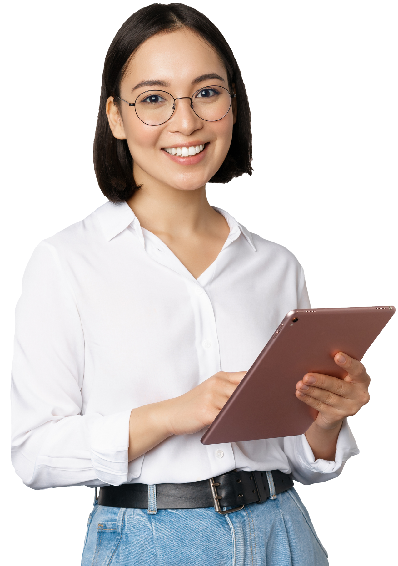 Woman with glasses holding clipboard